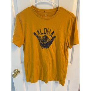 GAP Mens Aloha Shaka Graphic T-Shirt Mustard Yellow Cotton Size S Short Sleeve